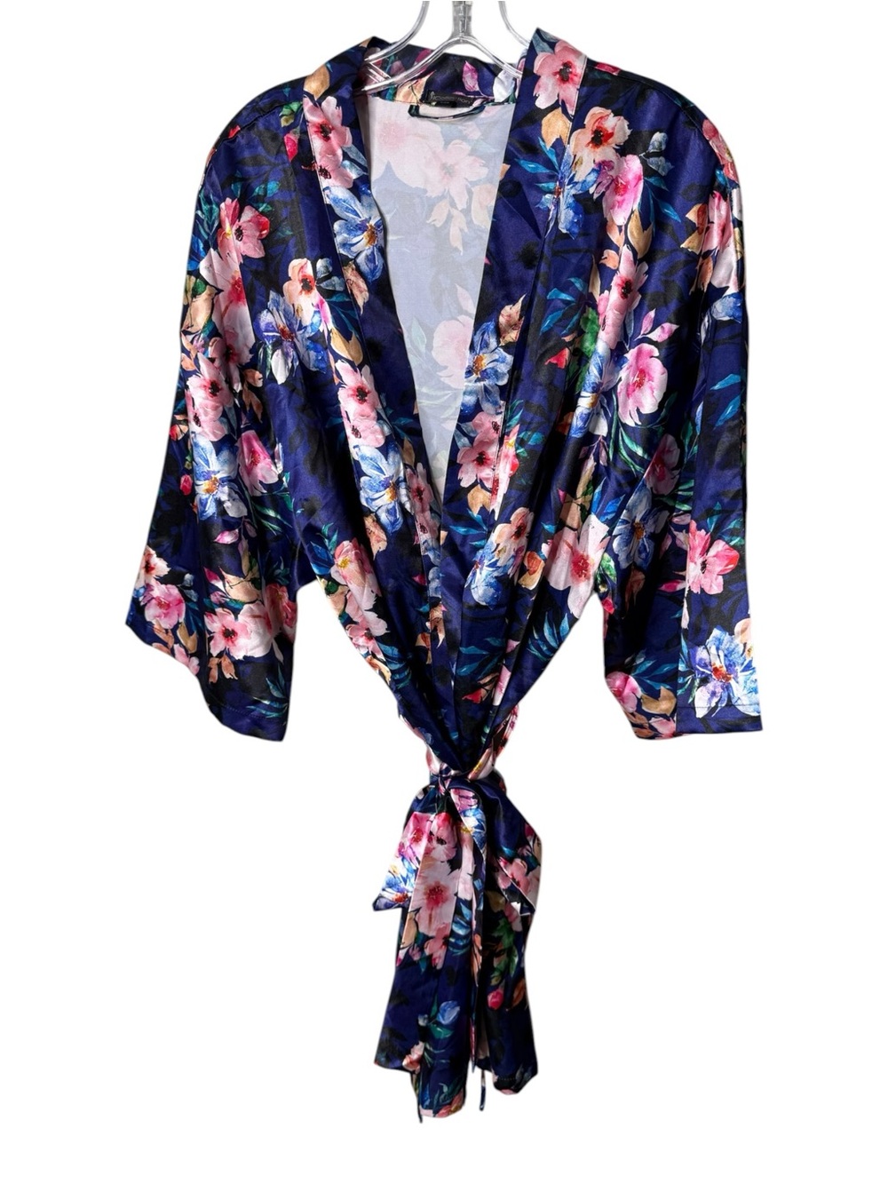iCollection Navy Blue Floral Size 1/2X Satin Robe